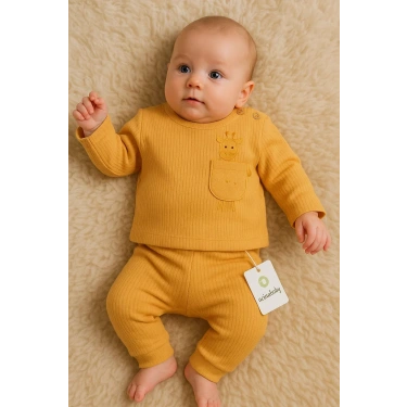 Zürafa Cep Nakışlı Omuzdan Düğmeli % 100 Pamuk Erkek Bebek Takım