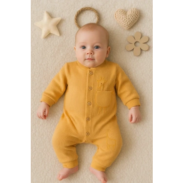 Zürafa Nakışlı Cepli % 100 Pamuk Erkek Bebek Tulumu