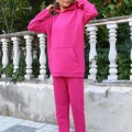 Moda Kadın Pamuk Kapşonlu Cepli 3 İplik Fuşya Eşofman Takım