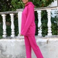 Moda Kadın Pamuk Kapşonlu Cepli 3 İplik Fuşya Eşofman Takım