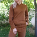 Moda Kadın Pamuk Kapşonlu Cepli 3 İplik Kahve Eşofman Takım