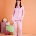 Pjs 28001 Kadın Uzun Kol Çizgili Önü Düğmeli Pijama Takım