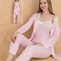 Stil Moda 6064 Kadın Çizgili Askılı Sabahlıklı Pijama Takımı