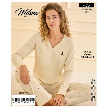 90759 Kadın V Yaka Uzun Kol Pijama Takımı