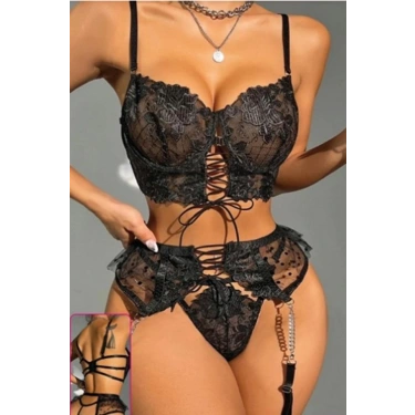 For Dreams 8451 Siyah Tül Puantiye Ve Bağlama Detaylı Zincirli Jartiyer Takım