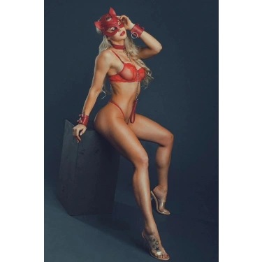 Kırmızı Maske, Tasma Ve Bileklik 3 Lü Harness Deri Sexi Takım Şık 800765