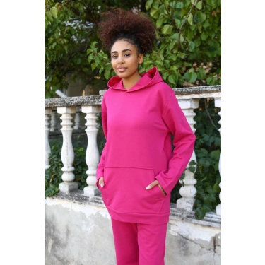 Moda Kadın Pamuk Kapşonlu Cepli 3 İplik Fuşya Eşofman Takım