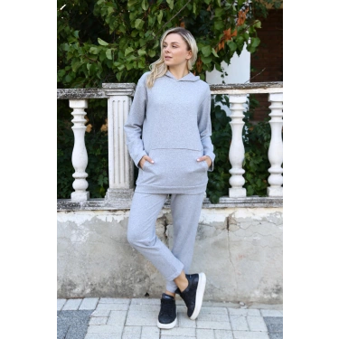Moda Kadın Pamuk Kapşonlu Cepli 3 İplik Gri Eşofman Takım