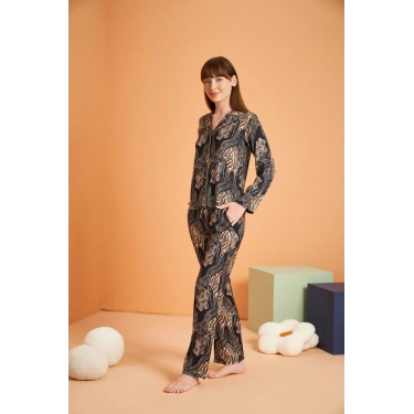 Pjs 28039 Kadın Uzun Kol Boydan Düğmeli Desenli Pijama Takımı