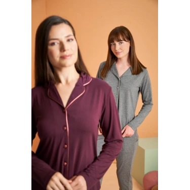 Pjs 28049 Kadın Uzun Kol Önü Düğmeli Pijama Takım