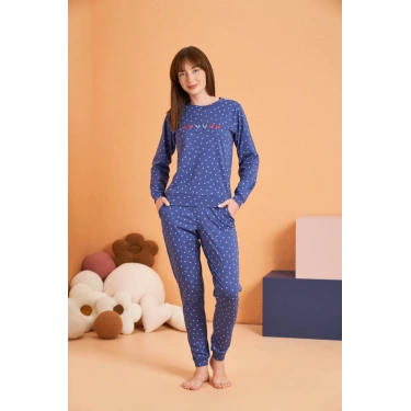 Pjs 28081 Kadın Uzun Kol Yuvarlak Yaka Kalpli Pijama Takım