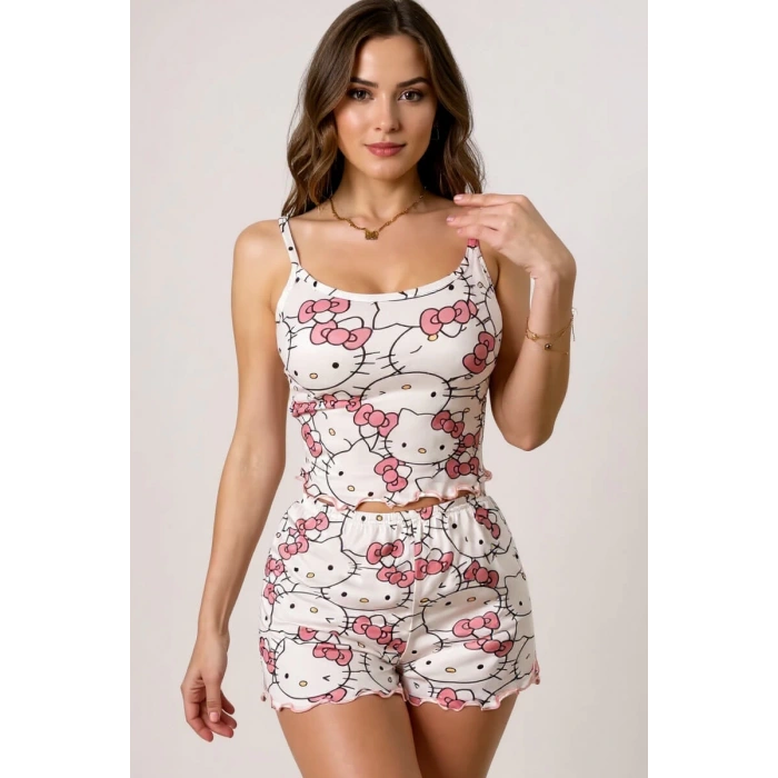 Hello Kitty Baskılı Askılı Şortlu Pijama Takımı