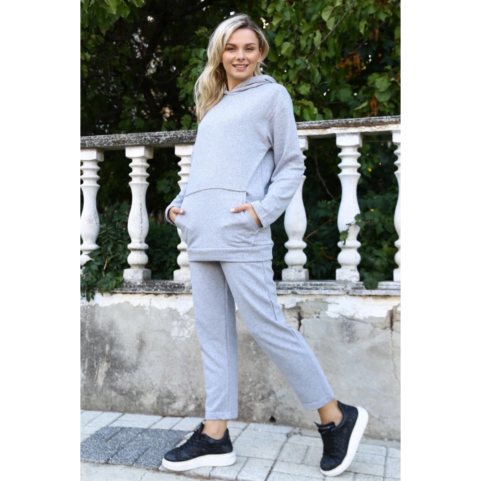 Moda Kadın Pamuk Kapşonlu Cepli 3 İplik Gri Eşofman Takım