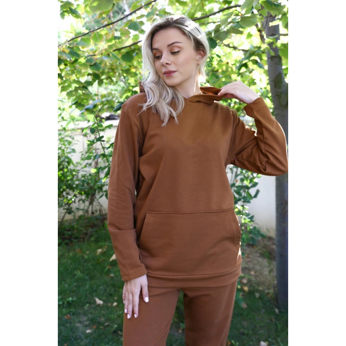 Moda Kadın Pamuk Kapşonlu Cepli 3 İplik Kahve Eşofman Takım