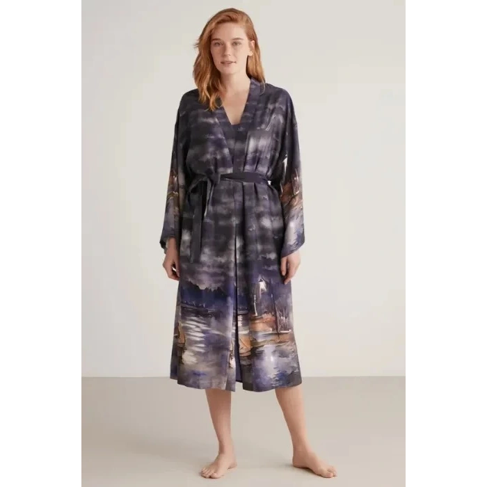 Nautıca W603 Kadın Baskılı Uzun Gecelik Ve Sabahlık Takımı