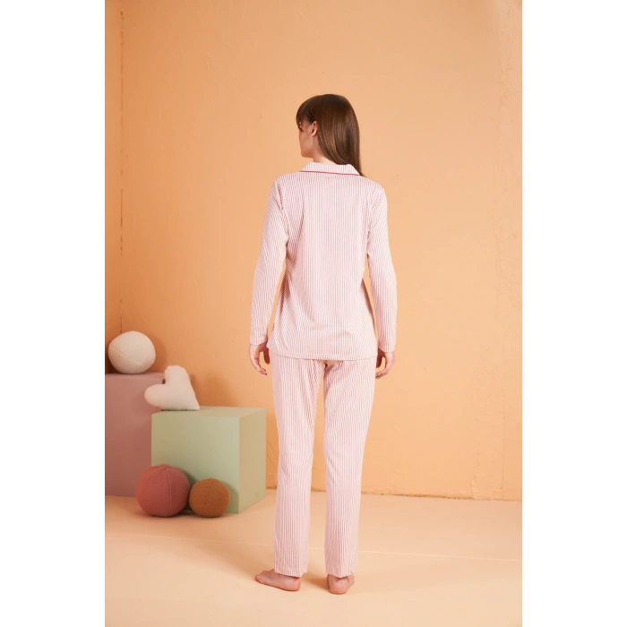 Pjs 28001 Kadın Uzun Kol Çizgili Önü Düğmeli Pijama Takım