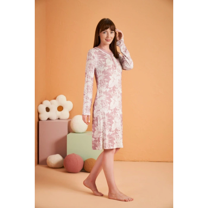 Pjs 28019 Kadın Uzun Kol Desenli Gecelik