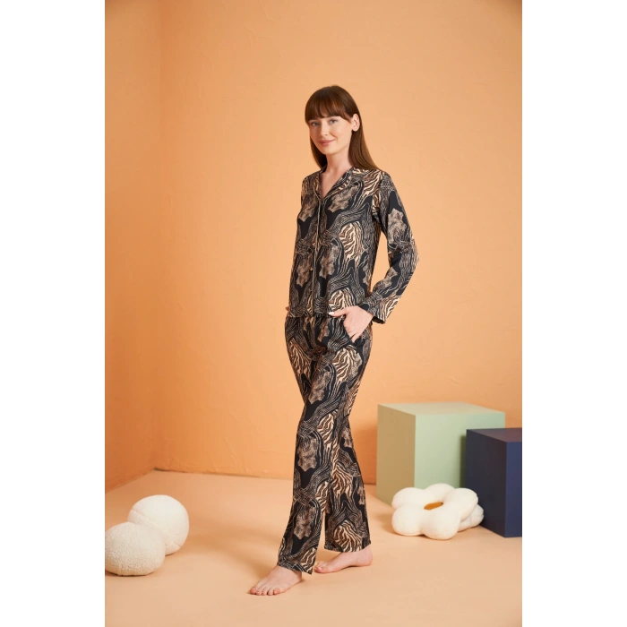 Pjs 28039 Kadın Uzun Kol Boydan Düğmeli Desenli Pijama Takımı