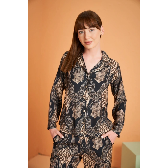 Pjs 28039 Kadın Uzun Kol Boydan Düğmeli Desenli Pijama Takımı