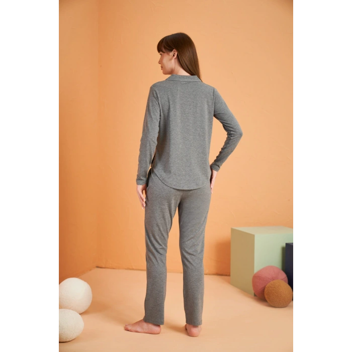 Pjs 28049 Kadın Uzun Kol Önü Düğmeli Pijama Takım