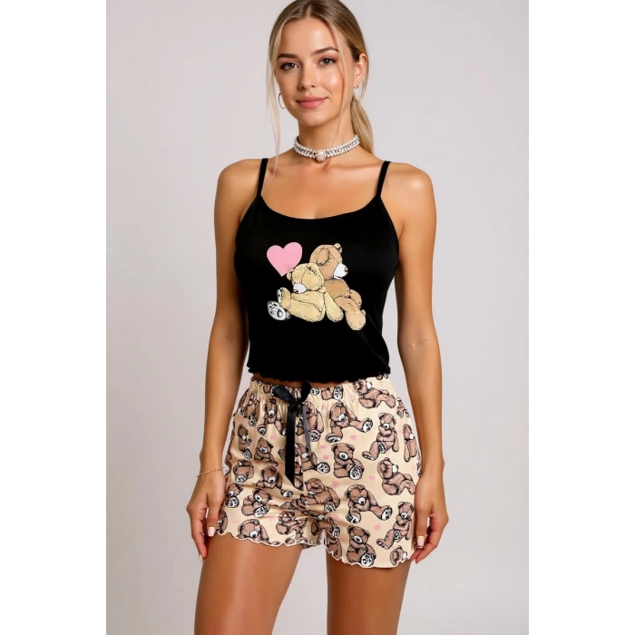 Renkli Ayıcık Desenli Askılı Şortlu Kadın Pijama Takımı