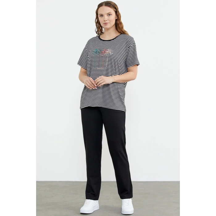 Sementa 76324 Sıfır Yaka Nakış Detaylı Çizgili Penye Takım