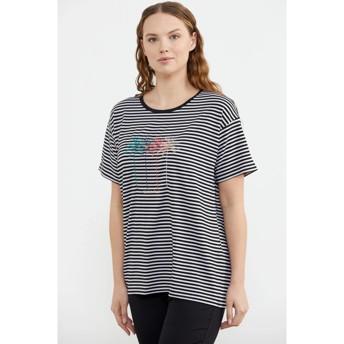 Sementa 76324 Sıfır Yaka Nakış Detaylı Çizgili Penye Takım