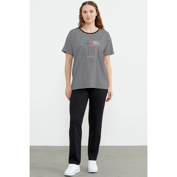 Sementa 76324 Sıfır Yaka Nakış Detaylı Çizgili Penye Takım