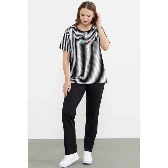 Sementa 76324 Sıfır Yaka Nakış Detaylı Çizgili Penye Takım