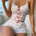 Beyaz Fiyonk Desenli Kalpli Askılı Şortlu Pijama Takım