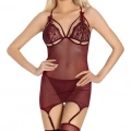 Bordo Dantel İşlemeli Göğüs İp Detaylı Fantezi Jartiyer Takımı