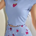 Çilek Desenli Mavi Seksi Pijama Takım