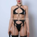 Deri Jartiyer Harness Takım, Deri Sütyen Takım, Kırbaçlı Deri Fantezi Giyim - Brf1363