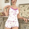 Kadın Beyaz Gül Ve Vişne Desenli Şortlu Gecelik Takım 5113