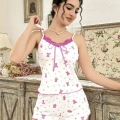 Kadın Beyaz Gül Ve Vişne Desenli Şortlu Gecelik Takım 5113