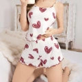Kadın Beyaz Kalp Desenli Şortlu Gecelik Pijama Takımı 5052