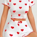Kadın Beyaz Kırmızı Kalp Desenli Şortlu Gecelik Takım 5023