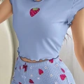 Kadın Çilek Desenli Bebe Mavi Seksi Gecelik Takım 6638