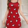 Kadın Kırmızı Beyaz Kalp Desenli Askılı Elbise 5063
