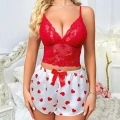 Kadın Kırmızı Kalp Desenli Şort Askılı Dantel Üst Pijama Takımı 2218
