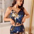 Kadın Lacivert Gül Desenli Askılı Dantel Üst Saten Pijama Takımı 2236