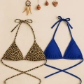 Kadın Leopar Desenli Ve Mavi Minimal Kesim Üçgen Bikini Üstü