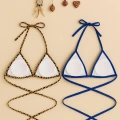 Kadın Leopar Desenli Ve Mavi Minimal Kesim Üçgen Bikini Üstü