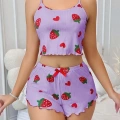 Kadın Mor Çilek Desenli Şortlu Pijama Takımı 5061