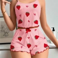 Kadın Pembe Çilek Desenli Şortlu Pijama Takımı 5056