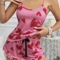 Kadın Pembe Kalp Baskılı Şortlu Gecelik Pijama Takımı 5050
