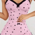 Kadın Pembe Kalp Desenli Askılı Şortlu Pijama Takım 6647