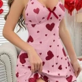 Kadın Pembe Kırmızı Kalp Desenli Askılı Sırt Dekolteli Elbise 5064