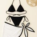 Kadın Siyah Beyaz Pareolu Yandan Ve Boyundan Bağlamalı 3lü Bikini Takımı