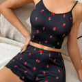 Kadın Siyah Çilek Desenli Seksi Gecelik Takım 6644